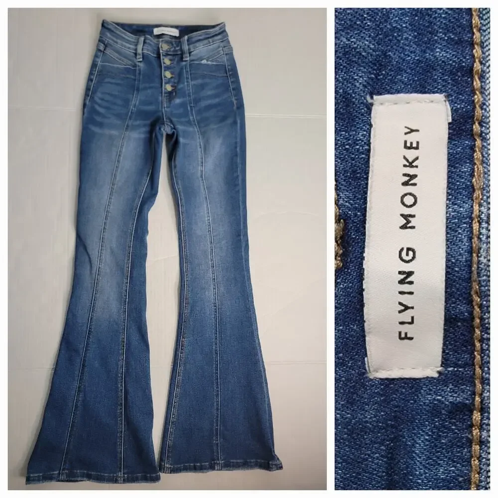 Flying Monkey Jeans Womens Sz 24x33 High Rise Flare Exposed Button Up 70's Inspo